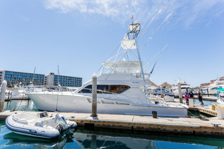 70' Hatteras sportfishing yacht with tower in the Cabo San Lucas marina