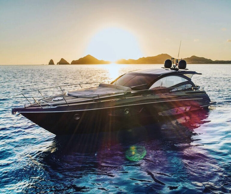 56' Rio Granturismo sport yacht at sunset off Cabo San Lucas