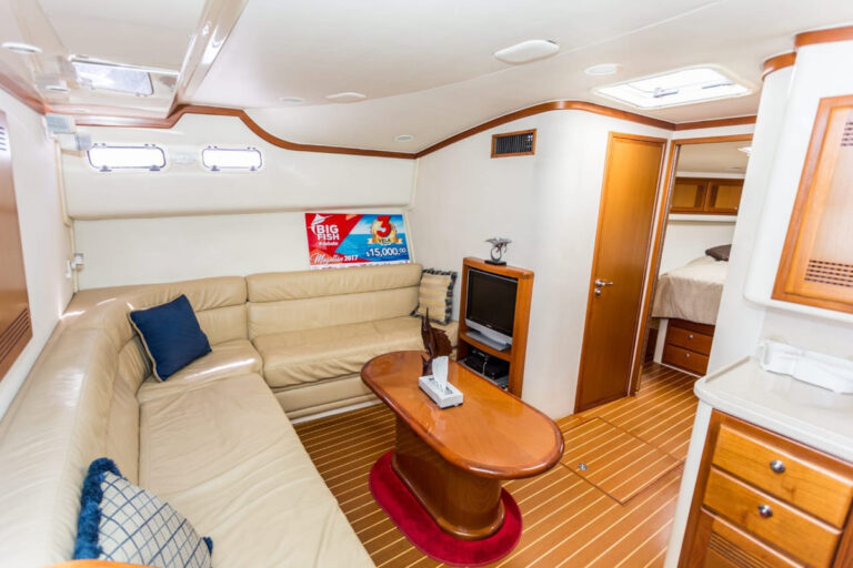Salon lounge seating on the 45' Cabo flybridge