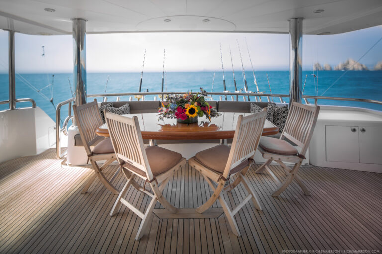 Aft deck dining table on the 90' Horizon
