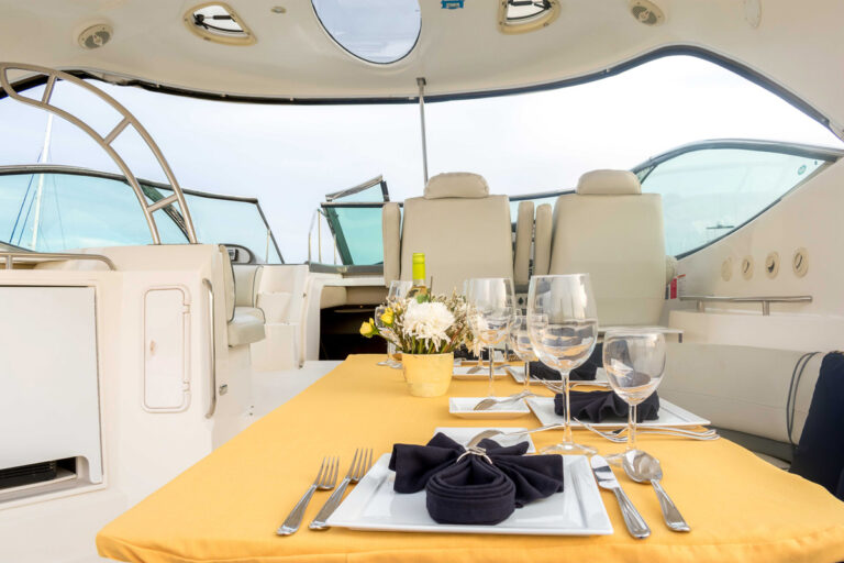Cockpit dining table set for lunch aboard the 52' Cruiser Express