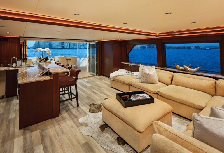 Salon and bar of the 130' luxury yacht