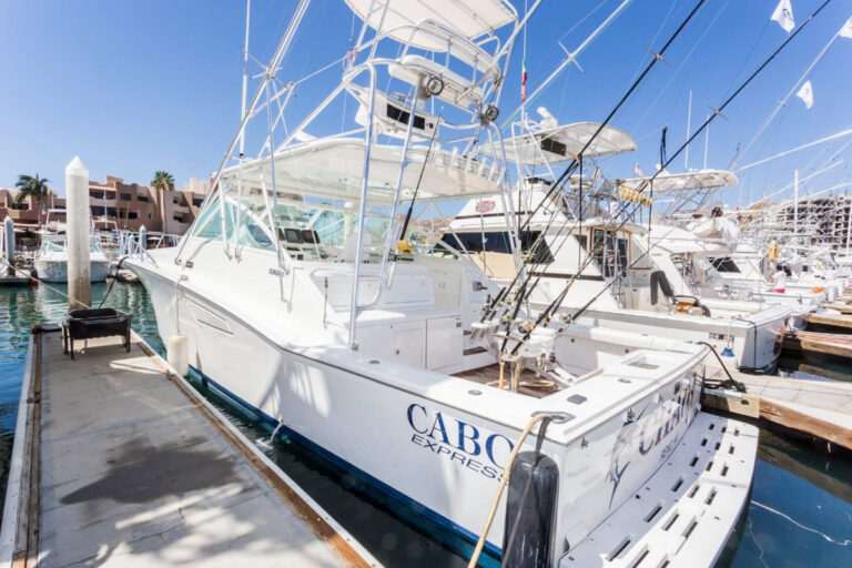 45' Cabo flybridge sportfishing yacht docked in the Cabo San Lucas marina