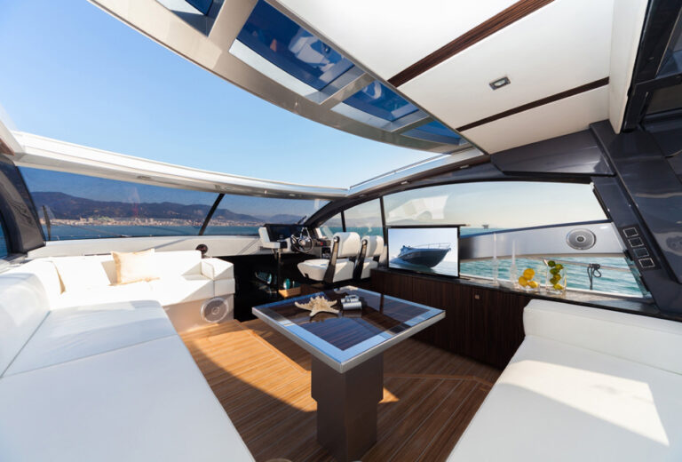 Cockpit seating under the open hardtop of the 56' Rio Granturismo
